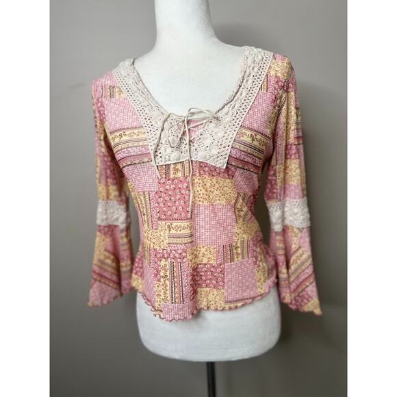 No Boundaries Top Juniors M Patchwork Y2K Hippie Fairycore Boho Festival Crochet - Picture 1 of 10